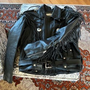 Motorcycle Black Leather Fringe Coat